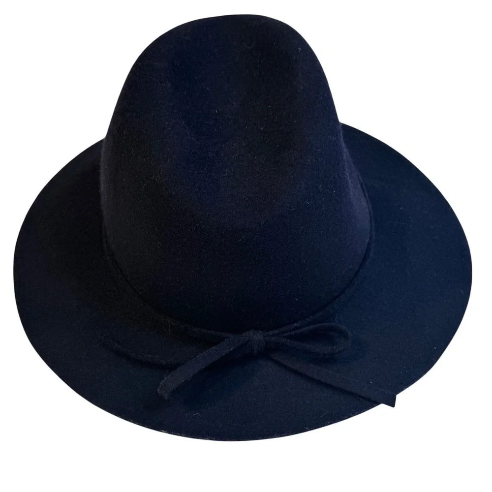 Banana Republic Black 100% Wool Fedora Wide Brim Bow Hat SM